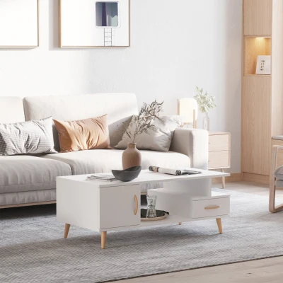 HOMCOM Table Basse Scandinave Blanc Bois Massif