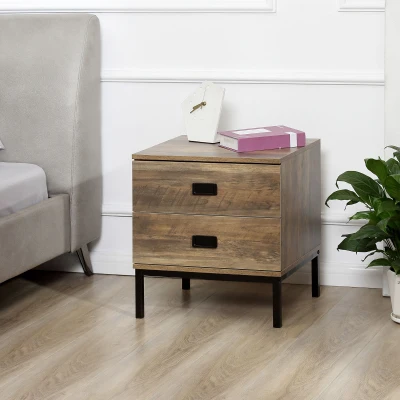 HOMCOM Retro Bedside Table Metal Frame 2 Drawers