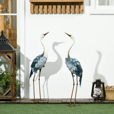 Outsunny Gartenfigur Kraniche, 2-er Set, rostfrei, wetterfest, farbbeständig, Stahl, 26 x 15 x 74 cm, Blau/Weiß/Grau