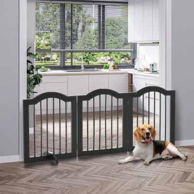 PawHut Absperrgitter Hund 3-teilig, 154,5 x 61 cm Faltbar Hundegitter mit Tür, Türschutzgitter mit 2 Stützfüßen, Freistehend Treppengitter für Küche, Flur, Schwarz
