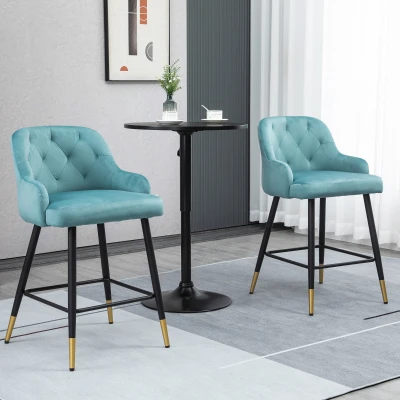 HOMCOM 2 Tabourets Bar Velours Pieds Métal - Bleu
