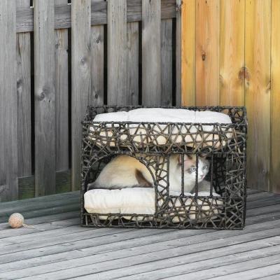 PawHut Cesta de Ratán para Gatos de 2 Alturas Cama Cueva de Gatos con 2 Cojines Suaves y Ventana 56x41x45 cm Café Oscuro