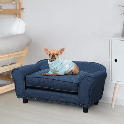 PawHut Dog Sofa for XS/S Dogs, Wooden Frame Couch - Blue