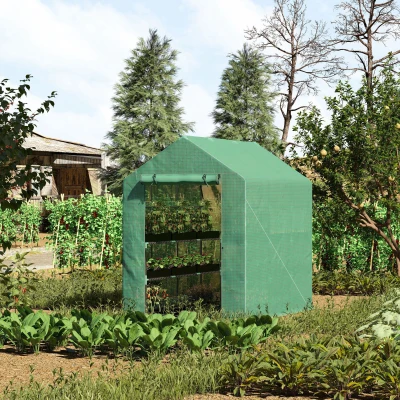 Outsunny Foliengewächshaus begehbares Gewächshaus mit 8 Regalebenen Tomatengewächshaus Treibhaus Frühbeet mit Tür Grün Stahl PE-Kunststoff 214 x 143 x 195 cm