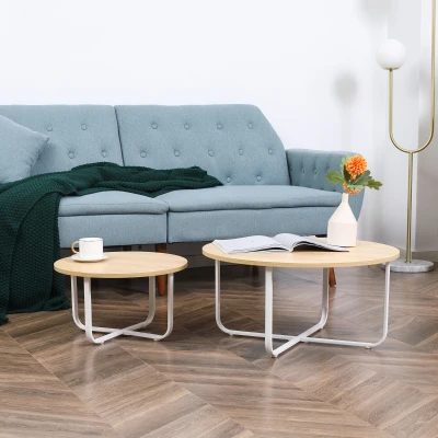 HOMCOM Juego de 2 Mesas de Centro Ø65x32 cm y Ø45x26 cm con Encimera de Madera y Patas de Metal Natural y Blanco