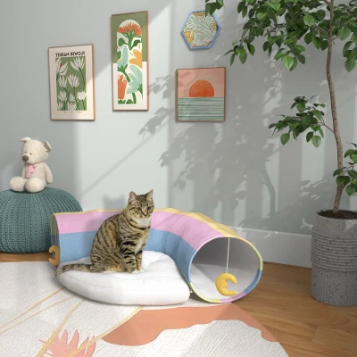 PawHut Katzentunnel Katzenspielzeug,  2 Spielzeuge, 1 Liegepolster, verspieltes Design, 105 cm x 65 cm x 28 cm, Mehrfarbig