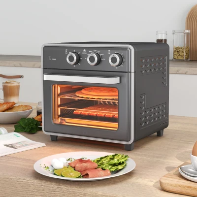 HOMCOM Minibackofen, 20L, 5 Funktionen, 360° Heißluft, Grillrost, Krümelblech, Grau