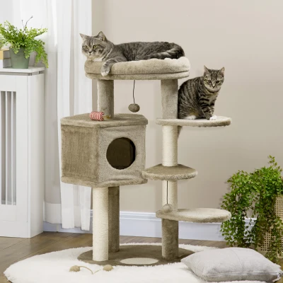 PawHut Árbol Rascador para Gatos Pequeños Altura 94cm Torre para Gatos con Cama Cueva y Juegos 55x55x94 cm Marrón