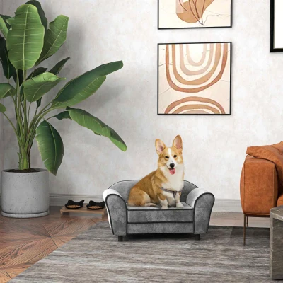 PawHut Canapé Chien Velours Gris 74x41x32,5 cm Housse Lavable