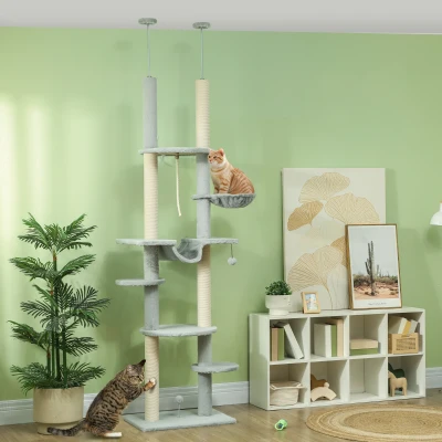 PawHut Árbol para Gatos de Suelo a Techo 225-255 cm con Hamacas Plataformas Juguete de Cuerda Bola de Juguete Gris