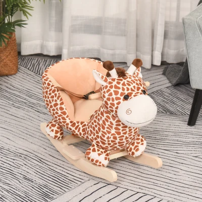 HOMCOM Caballito Balancín Infantil en Forma de Jirafa de Felpa para Bebés 18-36 Meses con Sonido y Cinturón 60x33x45 cm Marrón