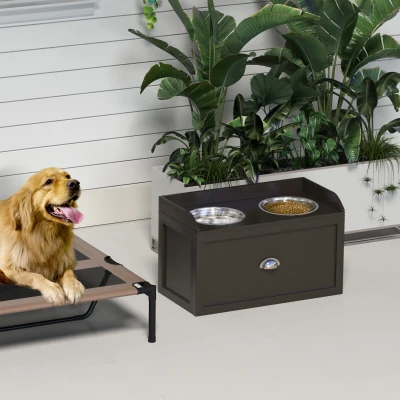 PawHut Comedero Elevado para Perros Grandes con 2 Cuencos de 2000 ml de Acero Inoxidable y 1 Cajón 63x30x36 cm Marrón