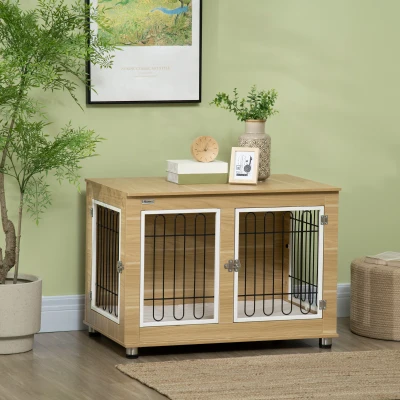 PawHut Hundekäfig, waschbares Kissen, Hundebox, 2 Verriegelungen, 90 cm x 58 cm x 65 cm, Natur + Schwarz + Weiß