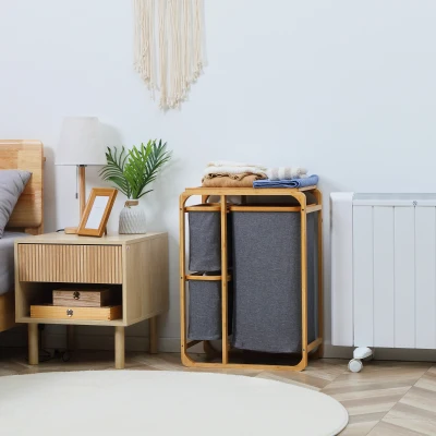 HOMCOM Wäschekorb aus Bambus , 3 abnehmbare Körbe 50 cm x 32 cm x 69,7 cm Natur Grau