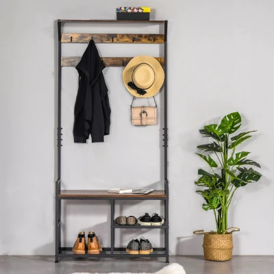 HOMCOM Coat Rack Bench with 9 Hooks Brown and Black 180cm