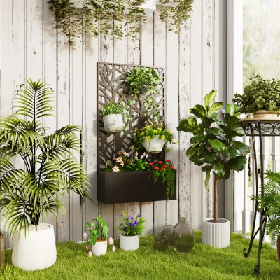 Outsunny Jardinera Elevada con Panel de Privacidad de Ramas Decorativas de Metal y Opción de Montaje en Pared 61x23x113 cm Negro