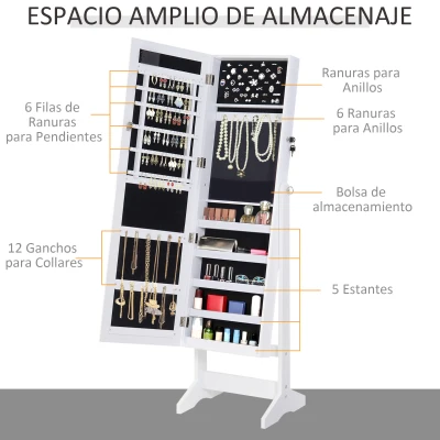 HOMCOM Espejo Joyero con 20 Luces LED Armario Joyero Reclinable con Guardajoyas Anillos Pendientes Collares 40x37x146 cm Blanco(m-4)