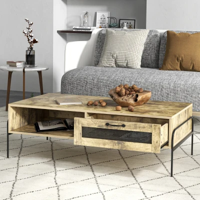 HOMCOM Table Basse Industrielle Noir Bois Veinage Tiroir