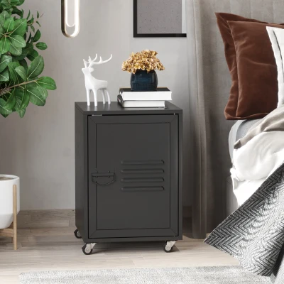 HOMCOM Industrial Rolling Bedside Table Black with Wheels