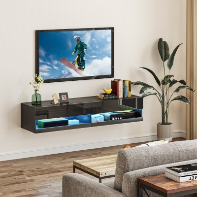 HOMCOM Floating TV Unit Wall Mounted Black with LED Lights