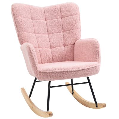 HOMCOM Silla Mecedora de Borreguito Sillón Balancín Oscilante 40° con Patas de Madera de Haya Carga 120 kg 71x98x101 cm Rosa