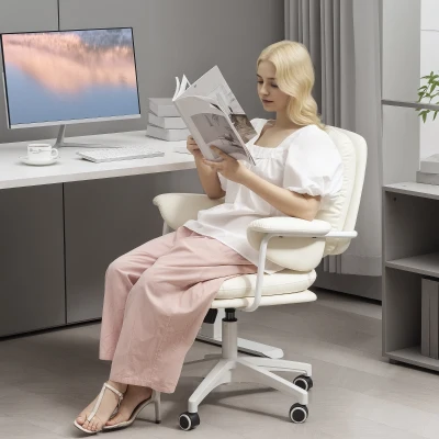 HOMCOM Höhenverstellbarer Schreibtischstuhl mit weichem Kissen und Kunstleder-Bezug, flexiblen Rädern und Kippfunktion, Weiß