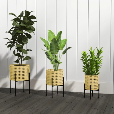 Outsunny Blumenständer, 3er-Set, rostfreies Metallgestell, In- und Outdoor, Schwarz/Gold