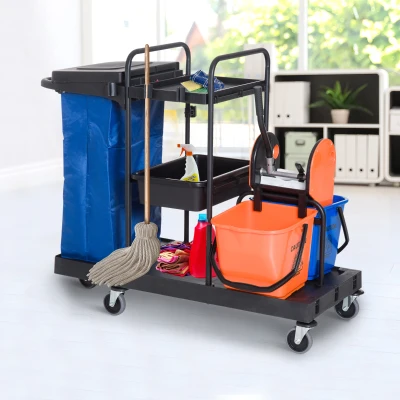 HOMCOM Carro de Limpieza con Bolsa de Basura Carro de Servicio con Cubos de Fregar de 18L Escurridor de Prensa y Estantes para Hotel 111x63,3x103 cm Multicolor