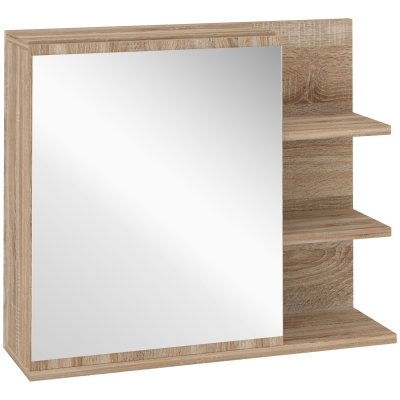 kleankin Spiegelschrank Badschrank Hängeschrank Badmöbel Wandschrank Mehrzweckschrank mit offener Fächern Spanplatte Glas Natur 60 x 18 x 50 cm