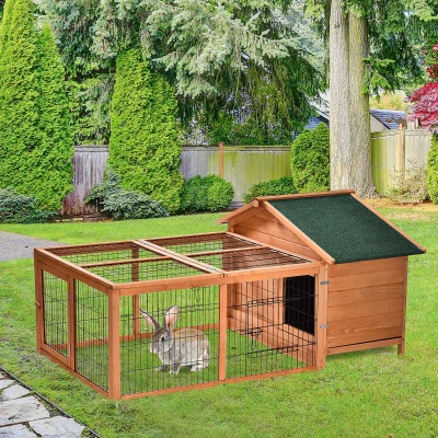 PawHut Wooden Rabbit Hutch Pet House 146x95cm