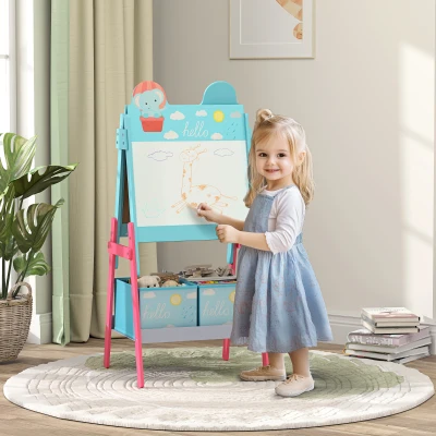 AIYAPLAY Pizarra Infantil de Doble Cara con 2 Cajas de Tela Caballete de Pintura para Niños con Estampado de Animales Azul