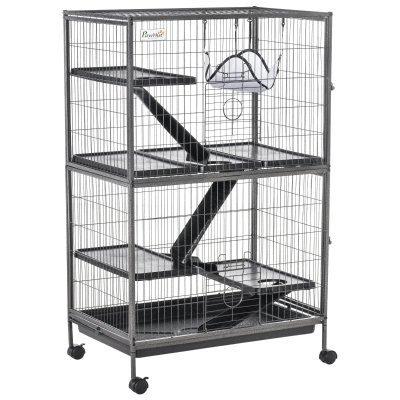 Pawhut Cage pour rongeurs Multifonction 4 Plateformes 3 rampes 4 Portes dim. 80L x 52l x 128H cm métal Gris argenté Noir