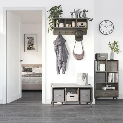 HOMCOM Banc à Chaussures et Porte-manteau Gris avec Rangement