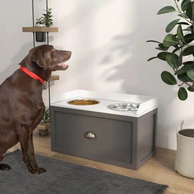 PawHut Porte-Gamelles Surélevé 2 en 1 avec Rangement Blanc