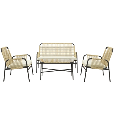 Outsunny Conjunto de Jardín de Ratán Sintético con 2 Sillones 1 Sofá de 2 Plazas 1 Mesa de Centro con Cojines Natural y Negro