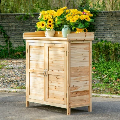 Outsunny Armario de Jardín de Madera Armario Exterior con 2 Puertas Estante Patas Elevadas para Terraza Patio 83x40x92 cm Natural