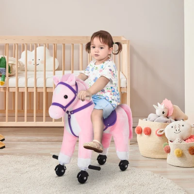 HOMCOM Caballito Infantil +2 Años Caballo con Ruedas Sonidos de Relincho Palos Pedales 55x23x60 cm Rosa