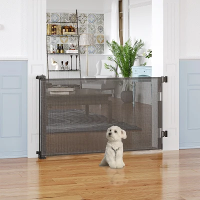 PawHut Barrière Chien Rétractable Tissu Mesh 150x85cm Gris