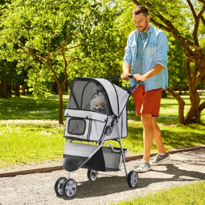 PawHut Dog Stroller 3-Wheel Pet Pushchair with Storage Grey