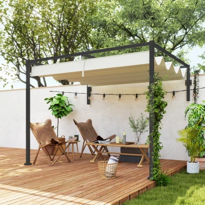 Outsunny Pérgola de Pared 3x2 m con Techo Retráctil Tela de Poliéster Resistente al Agua para Jardín Patio Crema