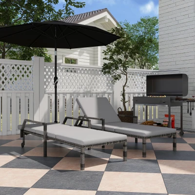 Outsunny Rattan Sun Lounger Set of 2, Adjustable Grey
