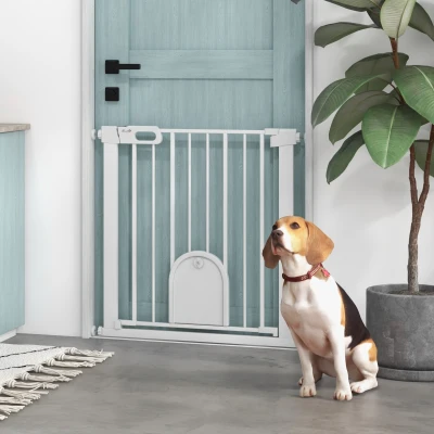 PawHut Pet Safety Gate Pressure Fit with Cat Flap White