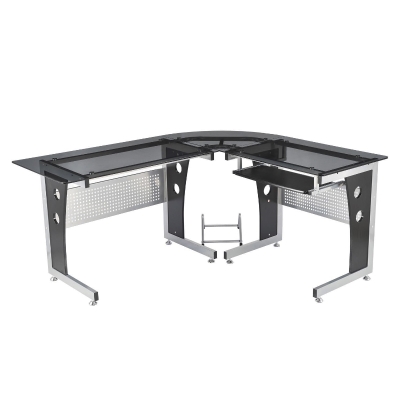 HOMCOM Bureau d'Angle en Verre Fumé Trempé Noir