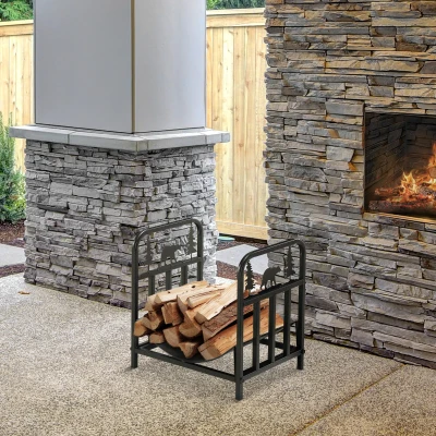 Outsunny Metal Firewood Rack Bear Design Black 42x33.5cm