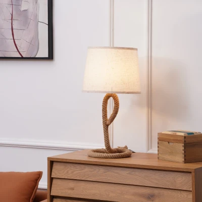 HOMCOM Lámpara de Mesa de Estilo Marinero con Base de Metal y Cuerda de Cáñamo Pantalla de Tela Portalámpara E27 de Máx. 40W para Salón Dormitorio Ø30x56 cm Beige