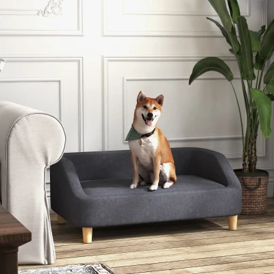 PawHut Hundesofa, Haustiersofa Katzensofa Hundebett für mittelgroße und große Hunde, Hundecouch mit Erhöhtem Design, Hundesessel mit Holzbeine, Dunkelgrau, 95 x 63 x 39 cm