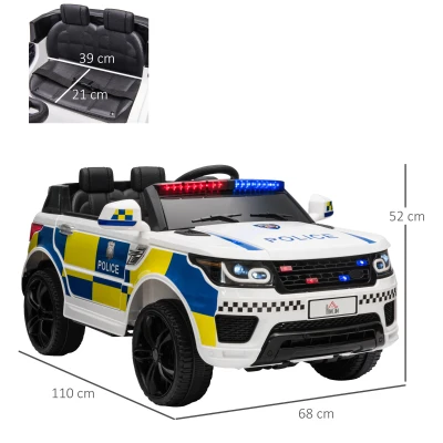 HOMCOM Coche Eléctrico Infantil de Policía Coche de Batería 12V con Mando a Distancia Bluetooth Luz USB Sirena Blanco(m-3)