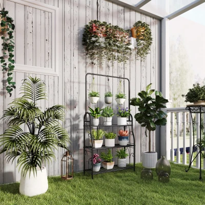 Outsunny Estantería para Plantas de 3 Niveles con Ganchos de Metal Barra para Colgar para Interior y Exterior Negro