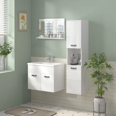 kleankin Conjunto de Muebles de Baño de Pared 3 Piezas Incluye Espejo Armario con Lavabo Cerámico y Columna de Baño Blanco