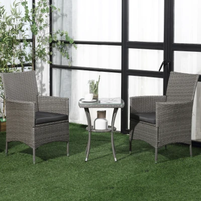 Outsunny Rattan Bistro Set Grey with 2-Tier Coffee Table